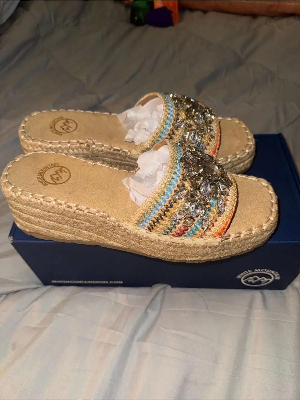 White Mountain Tan Wedge Slide Sandals with Multicolor Crochet & Crystal Accents - Picture 2 of 8